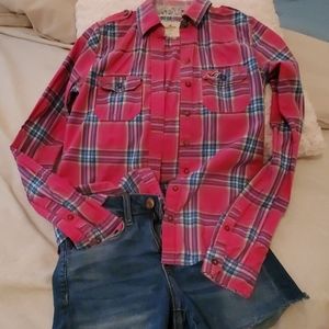 Hollister hot pink plaid shirt